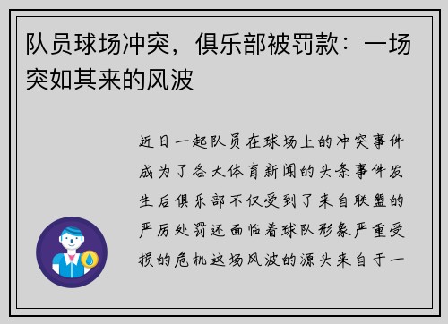 队员球场冲突，俱乐部被罚款：一场突如其来的风波