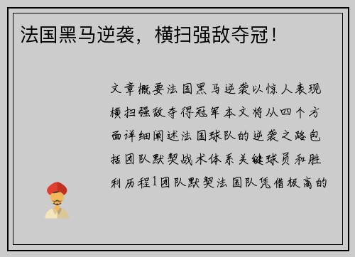 法国黑马逆袭，横扫强敌夺冠！